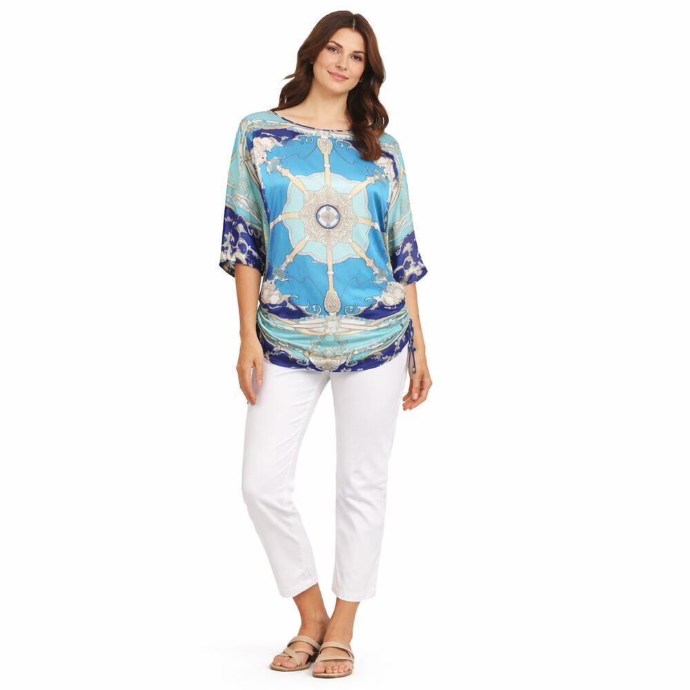 Polyester Satin Blue Nautical Scarf Print Tie-Side Tunic Top Medium Large